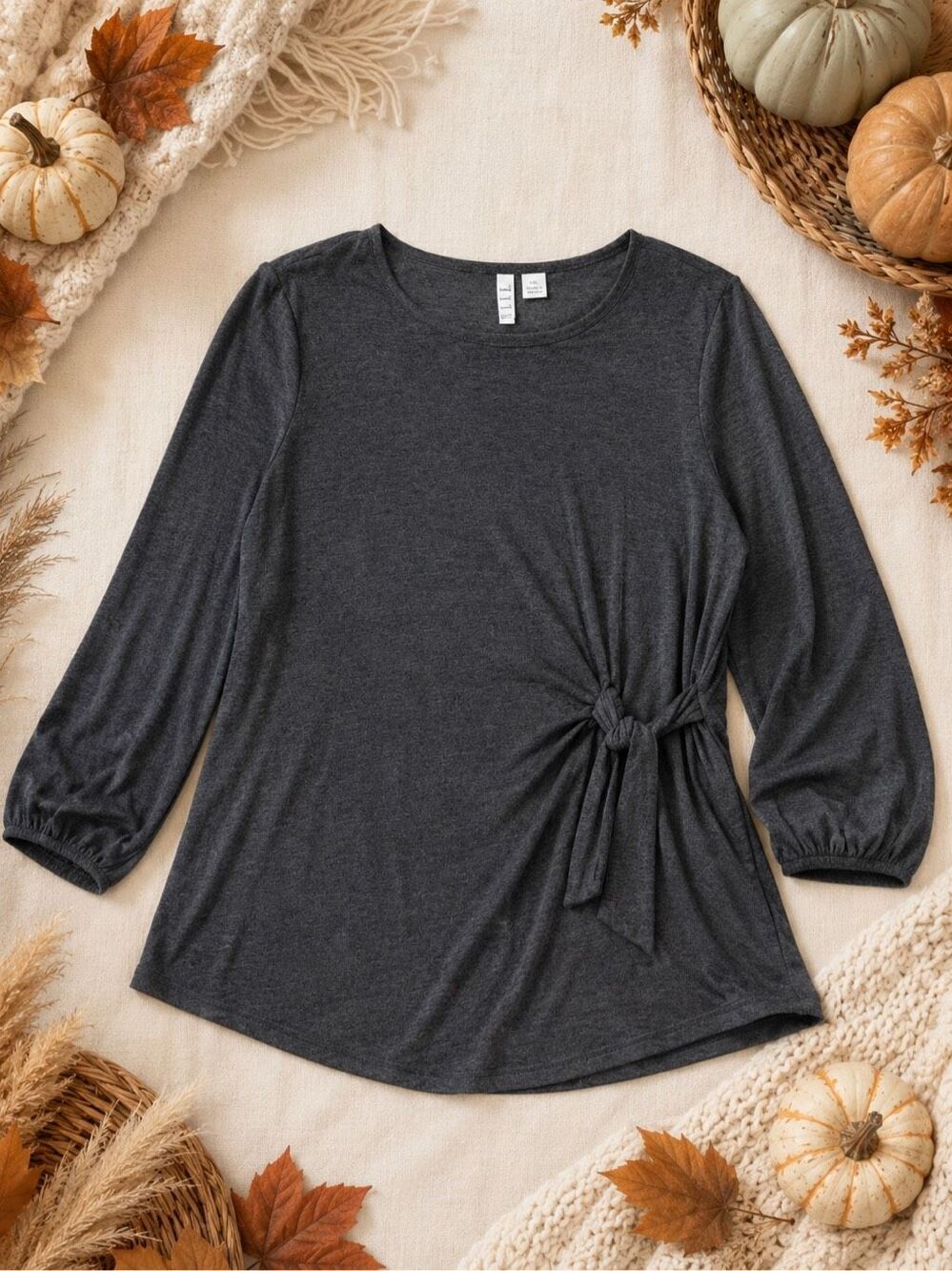Women’s XXL Charcoal Gray Side Tie Long Sleeve Tunic Top Casual Fall Shirt